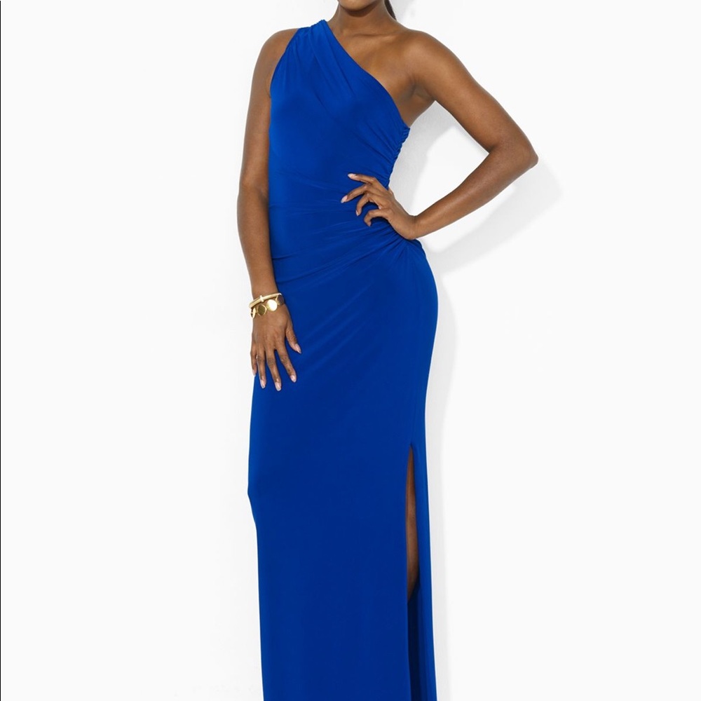 Lauren Ralph Lauren One-Shoulder Brooch Gown